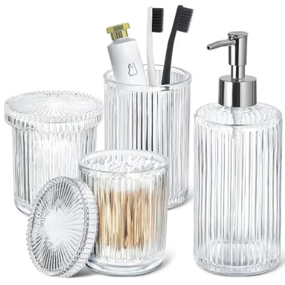 4 pc - Ribbed Glass Bathroom Accessory Set  (Clear)